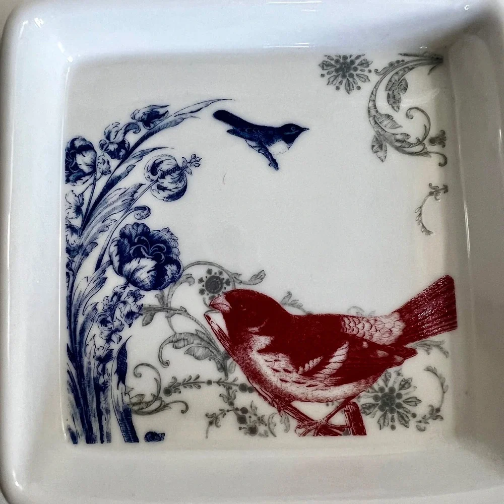 Charming Bird Floral Square Trinket Dish‎ Decor Ceramic Red Blue Gray White